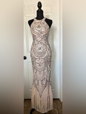 Sequin Embellished Blush Pink Halter Evening Gown